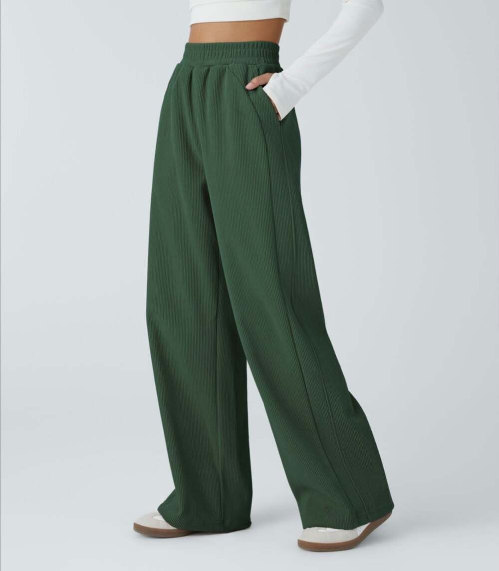 Halara High-Waisted Corduroy Wide Leg Casual Pants in Dark Green#612